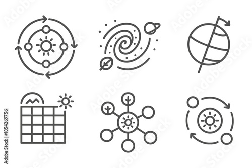 Cosmic Cycle Icons. Line style icons of cosmic season cycles: orbital season wheel, galaxy cycle chart, planetary tilt diagram,