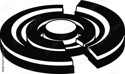 Minimalist vector isometric concentric broken ring maze top view abstract circular target with separated segments high contrast black and white graphic