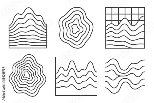 Emotion Line Maps. Line style icons of emotional landscape charts: layered emotion terrain, feeling contour map, mood gradient