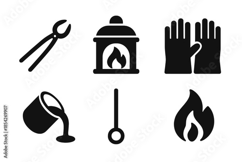 Tool Icon Collection. Solid style icons of heated unification tools: tongs, furnace, protective gloves, crucible, stirring rod,