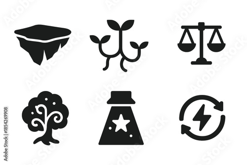 Imaginative Ecosystem Balance. Solid style icons of imagination ecosystem balancing: floating island, connected plants, scale,