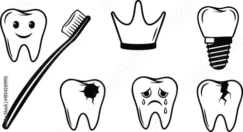 Line art hand drawn dental icons set showing smiling tooth crying cracked tooth toothbrush crown dental implant and broken tooth isolated on white background vector illustration