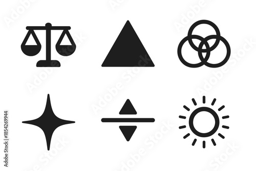 Sharp Harmony Icons. Solid style icons of sharp harmony indicators: scale, triangle, interlocking circles, spark icon, balanced