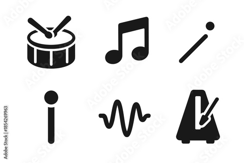 Umbra Rhythm Icons. Solid style icons of umbra rhythm notation: drum icon, note symbol, shadow line, beat marker, waveform,