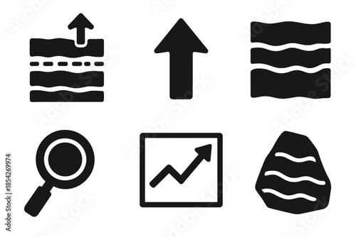 Epoch Transition Icons. Solid style icons of epoch transition identification: layer break, arrow marker, strata, magnifying glass,