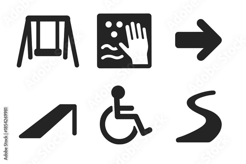 Accessible Play Icons. Solid style icons of accessible play instruments: swing, tactile panel, guide arrow, ramp, wheelchair icon,