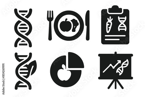 Genetic Nutrition Icons. Solid style icons of genetic nutrition planning: DNA strands, meal plates, recipe charts, gene icons,
