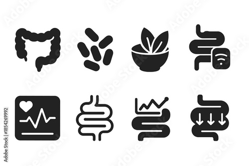 Digestive Health Icons. Solid style icons of digestive health monitoring: intestine diagrams, probiotic chains, fiber bowls, gut
