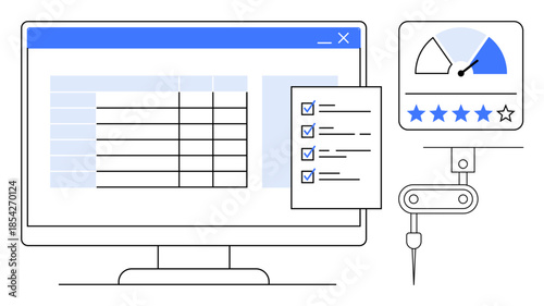 Data assessment concept. Data displayed on a screen with checklist and performance meter. Data analysis ensures efficiency, decision-making, and performance optimization. For business tools