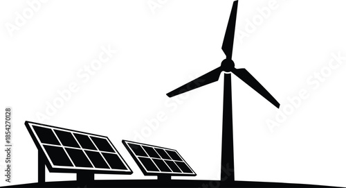Flat design side view solar panels and wind turbine silhouette on horizon with ground line minimal composition high contrast black and white clean renewable energy concept