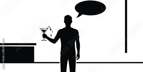 Flat design silhouette man holding martini glass with speech bubble at bar counter side view high contrast black and white minimal graphic isolated vector icon clean