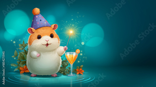 New year party celebration greeting card with text, cute animal with sparkler and beverage glass, isolated on turquoise background, festive character, humorous theme, with copy spa