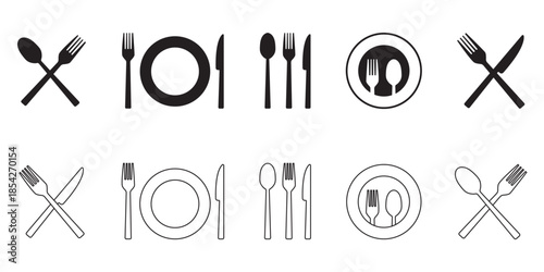Cutlery icon set. Isolated cutlery vector set. Restaurant logo. Cafe sign. Fork, spoon and knife icon set.