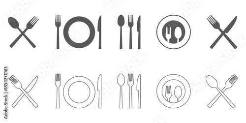 Cutlery icon set. Isolated cutlery vector set. Restaurant logo. Cafe sign. Fork, spoon and knife icon set.