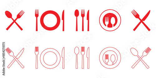 Cutlery icon set. Isolated cutlery vector set. Restaurant logo. Cafe sign. Fork, spoon and knife icon set.