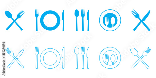 Cutlery icon set. Isolated cutlery vector set. Restaurant logo. Cafe sign. Fork, spoon and knife icon set.