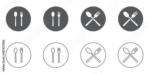 Cutlery icon set. Isolated cutlery vector set. Restaurant logo. Cafe sign. Fork, spoon and knife icon set.