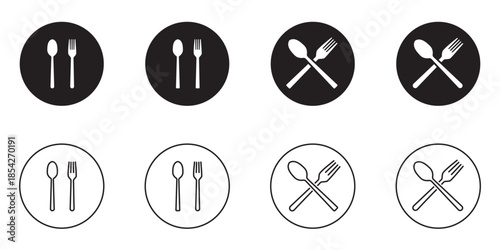 Illustration of various cutlery arrangements, including crossed knife and fork, spoon, knife, and fork combinations, isolated on white background