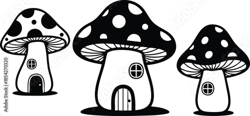Line art front view trio of mushroom houses with polka dot caps round windows arched doors grassy bases whimsical fairy tale village illustration black ink outline