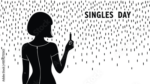 Minimalist flat design silhouette of woman pointing index finger looking at camera with singles day text confetti rain high contrast black and white composition graphic poster
