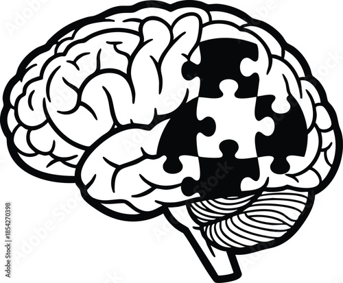 Line art detailed brain with puzzle piece missing right hemisphere medical icon showing memory loss and cognitive decline concept flat vector illustration in black and white