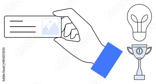 Business card concept. Business card held in hand professional identity and networking. Business card paired with light bulb and trophy for creativity, innovation, and success. For branding