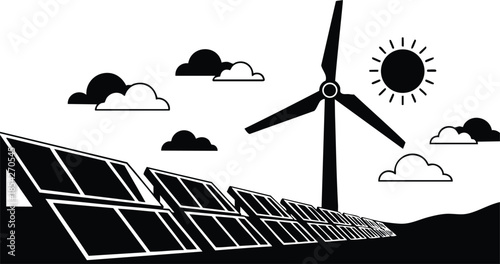 Flat design silhouette solar panels in foreground with wind turbine in background under bright sun high contrast landscape vector energy concept renewable power clean sustainable future