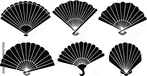 Flat design radial folding fan set black silhouette top view six hand fans arranged in ornamental pattern close up vector icon elegant vintage asian traditional decorative
