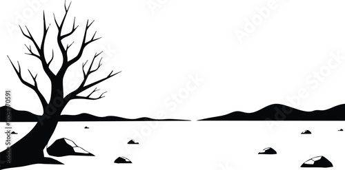 Minimalist silhouette vector leaning barren tree in foreground of salt pan landscape with scattered rocks and distant low hills high contrast monochrome black and white isolated