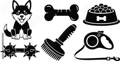 Flat design set of black dog icons puppy bone bowl leash brush chew toy and spiked collars isolated vector for pet shop branding logo and packaging