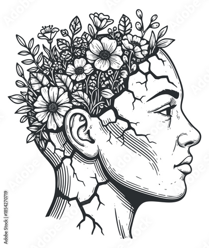 A human head silhouette with a floral design, featuring detailed flowers and plants in black and white vector style, ideal for wellness and artistic projects