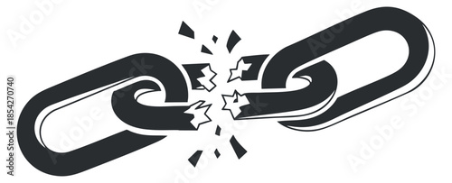A broken chain link symbol in black and white flat vector style, ideal for illustrating security issues or connection failures