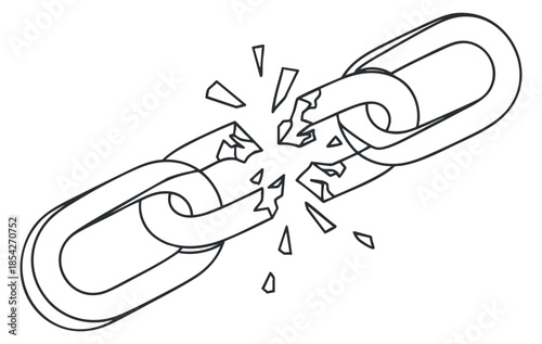 A broken chain link with shattered pieces in minimalist outline vector style, perfect for illustrating concepts of failure and disconnection