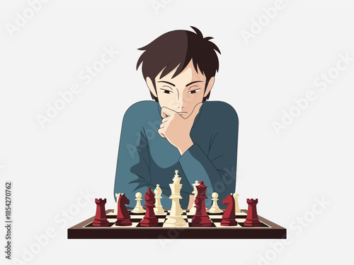 Young Man Thinking Over Chess Game.
