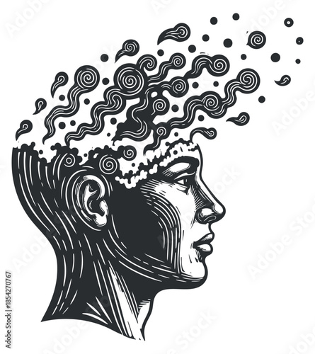 A profile of a human head with swirling patterns representing thoughts and creativity in black and white illustrative style, ideal for artistic and psychological themes