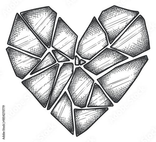 A broken heart illustration composed of shattered pieces in a hand-drawn sketch style, ideal for emotional or artistic projects