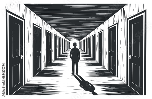 A person standing in a long hallway with multiple doors in black and white vector style, ideal for exploring themes of choice and uncertainty
