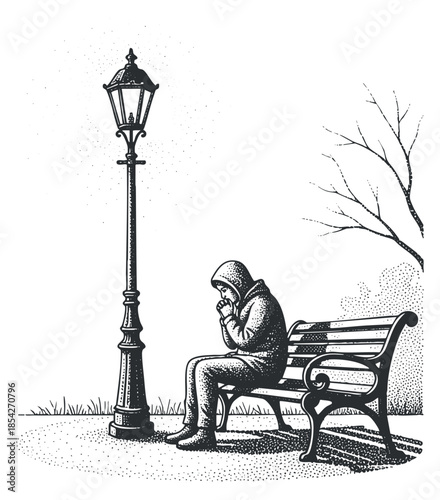 A person in a hoodie sitting on a bench under a vintage streetlight in black and white vector style, conveying a sense of solitude and reflection