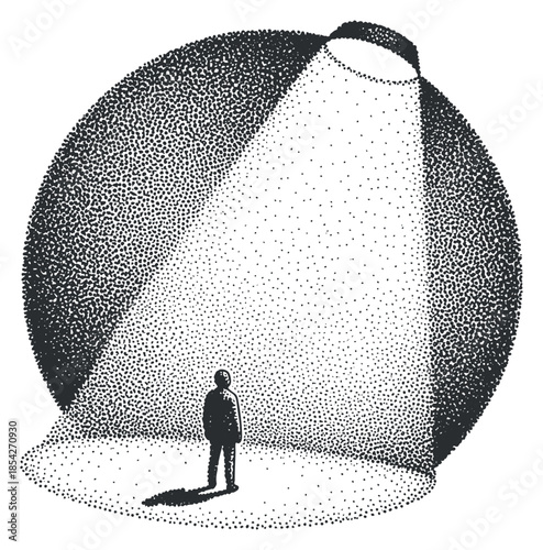 A solitary figure standing in a spotlight surrounded by darkness in a black and white minimalist vector style, ideal for artistic projects and conceptual illustrations