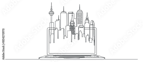 A minimalist outline illustration of a laptop with a city skyline emerging from the screen in vector style, ideal for technology and creative projects