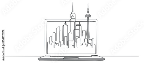 A minimalist outline of a city skyline emerging from a laptop in clean vector style, ideal for technology and urban design projects