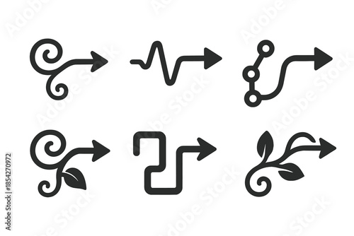 Vine Arrow Icons. Solid style icons of vine tendrils pointing the way: curling vines, arrowed tips, pulse lines, directional nodes
