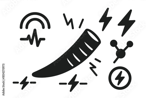Energetic Tusk Icons. Solid style icons of carved tusk transmitting energy: etched tusks, glowing arcs, pulse markers, energy