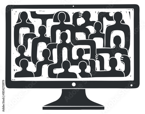 A computer monitor displaying a crowd of abstract human figures in black and white vector style, ideal for technology and communication themes