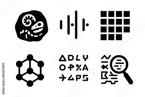 Paleo-Message Icons. Solid style icons of paleo-message decoding systems: fossil icons, pulse markers, message grids, node