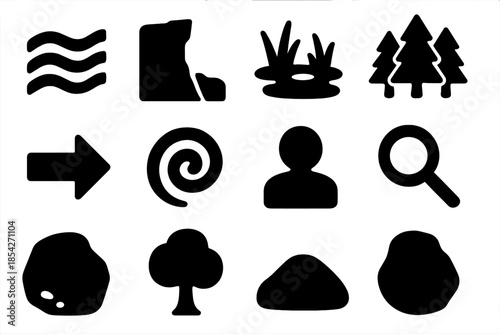 Natural Battle Obstacles. Solid style icons of natural obstacles in battles: river, cliff, swamp, forest, arrow, spiral, human