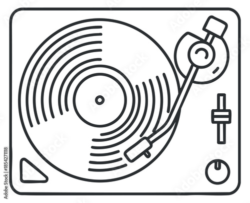 A minimalist outline illustration of a turntable with a vinyl record and stylus in flat vector style, suitable for music and entertainment-themed designs