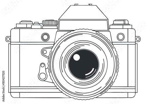 A detailed outline illustration of a vintage camera with a prominent lens in black and white vector style, ideal for photography-related projects