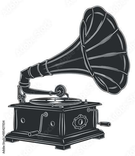 A vintage gramophone with a large horn and base in black and white outline vector style, ideal for music-related designs