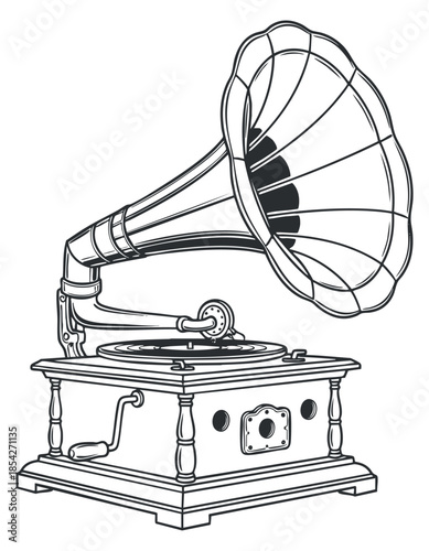 A vintage gramophone with a horn speaker in black and white outline vector style, perfect for music-themed designs